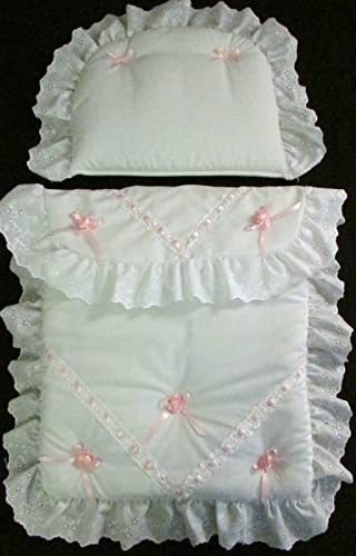 Dolls Pram Bedding Set to fit Silver Cross Dolls Oberon Chatsworth (Pink Rose Daisy Flower)