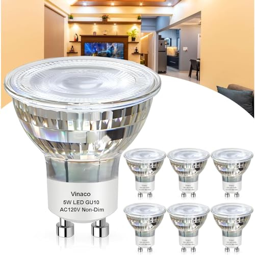 Vinaco GU10 LED Light Bulbs Non-Dimmable, 6PCS Long Lasting MR16 GU10 LED Bulb 2700K Warm White Flicker-Free, 450LM GU 10 Bulb 5W (50W Equivalent) GU 10 Light, 120V 50W for Track Lighting