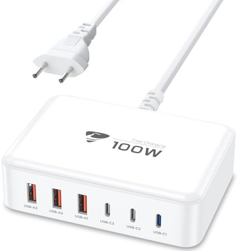 Chargeur USB C 100W Charge Rapide 6Port Prise USB C Multiple GaN PD+QC 3.1A Adaptateur Secteur USBC Chargeur pour iPhone 15 16 Pro Max Plus 14 13 12 11 MacBook Pro/Air iPad, Samsung S24 S23 S22 Tablet