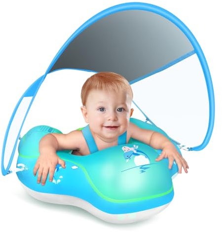 Schwimmring Baby mit UPF50+ Sonnenschutzdach & Spielzeug, Verstellbarer Sicherheitssitz, Kleinkind Pool Schwimmring für 3-36 Monate (Blau Update, S)