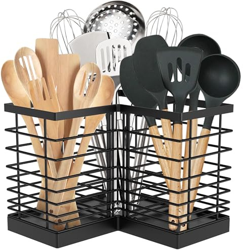 Suli Soporte extragrande para utensilios de cocina con 3 compartimentos, carro de cocina esquinero de metal negro mate para encimeras, almacenamiento rústico para la cocina de estilo rústico - Negro