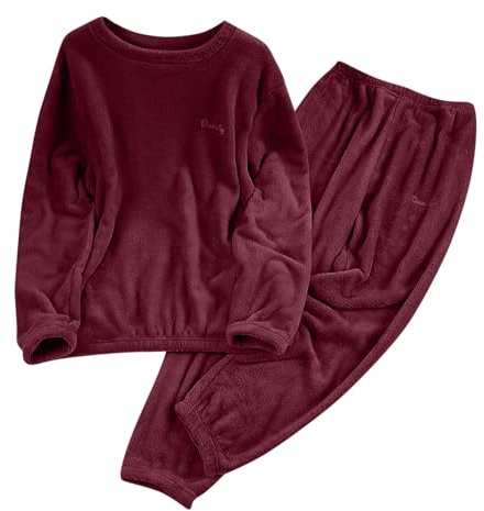 Womens Fluffy Loungewear Pyjamas Sets 2 Piece Sleepwear Casual Loose Fleece Pullover Lounge Pants Plush Thick Winter Nightwear Winter Cozy Pajamas PJs Set Wine