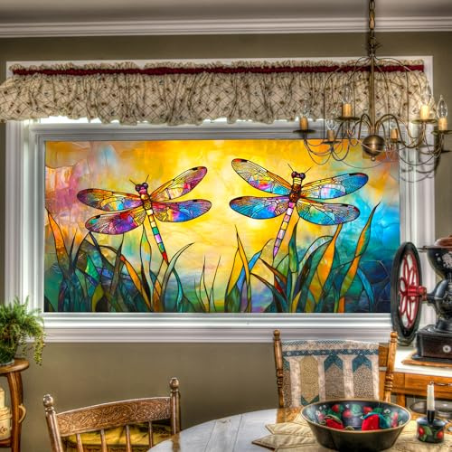 HOMETITUTE Stained Glass Window Film Dragonfly Pattern 39.3x17.7 inches Static Cling Decorative Film Non-Adhesive Removable Reusable for Glass Door Home and Office Bedrooms PVC Static Cling Sticker