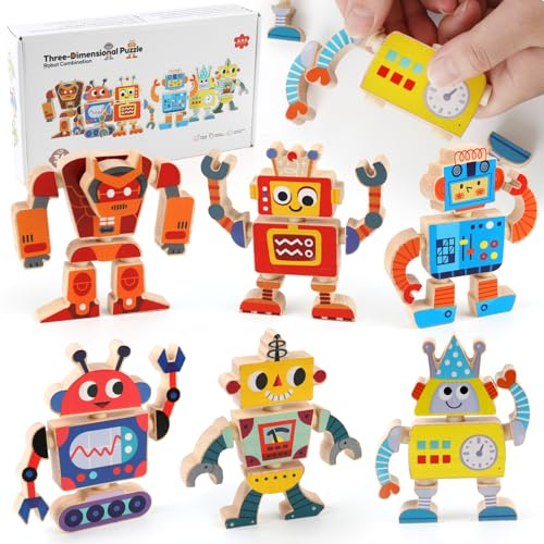 Hopton Robot Building Set Wooden, Stackable Robots Montessori Toy for 3+