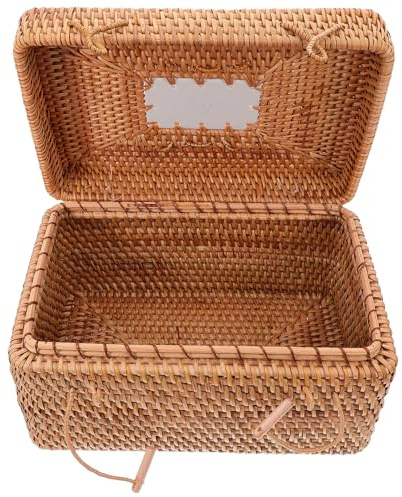 OSALADI Panier de Rangement Tressé en Rotin Naturel avec Poignée et Couvercle Boîte de Rangement Rectangulaire 30X20X17 CM Panier à Provisions Multifonction pour Pique-Niques la