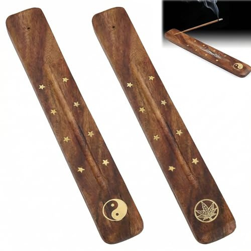 ZIOYANE 2 pièces Plateau brûle-Parfum en Bois, Diagramme Bagua et Motif Feuille d'érable Porte-bâtonnets d'encens en Bois d'acacia pour la décoration intérieure et la méditation