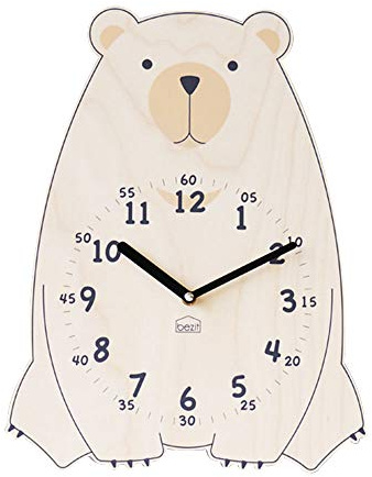 Silent Kids Wall Clock - Non-Ticking, Decorative, Cute Wooden Clock for Nursery, Children, Toddler, Baby Room, Battery Operated - Bear, Unicorn, Owl (Brown Bear)