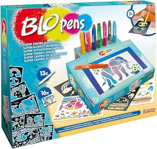 Lansay BLOPENS - Super Centre d'Activités - Atelier de Dessins et Coloriages Blopens pour Enfants dès 5 Ans - 13 Feutres À Souffler avec Pupitre & 16 Pochoirs & 16 Feuilles de Dessin - Idée Cadeau