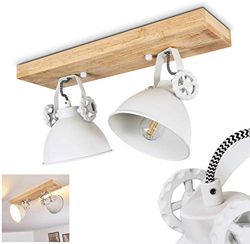 Lampada da soffitto Svanfolk, lampada da soffitto in metallo/legno in bianco/natura, 2 luci, con faretti orientabili, 2 x attacco E14, design retro/vintage, senza lampadina/e