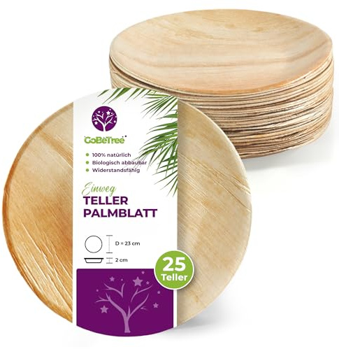 GoBeTree Platos Desechables de Hoja de Palma 25 Platos Redondos de 23 cm. Vajilla para barbacoas, picnic y Fiesta de cumpleaños, Similar al bambú, más fuerte que platos de papel