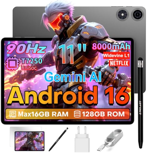 TECLAST P50T Tablet 11 Pulgadas Android 16 Tableta 90Hz, T7250 2GHz Octa-Core Gemini AI, 16GB RAM+128GB ROM+5TB TF, 8000mAh, 5G WiFi, Widevine L1, 13MP+5MP/GPS/3.5MM/BT5.2/OTG, Tablets con Lápiz, 2026