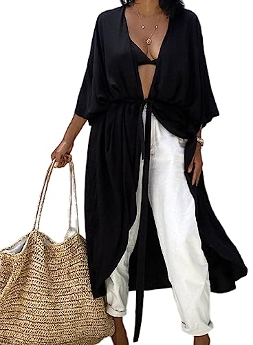 Jarseila Strandkleid Damen Sommer Kaftan Cardigan Lose Strand Strickjacke Bikini Cover Up Casual Maxi Strandkleid Elegante Beachwear Schwarz