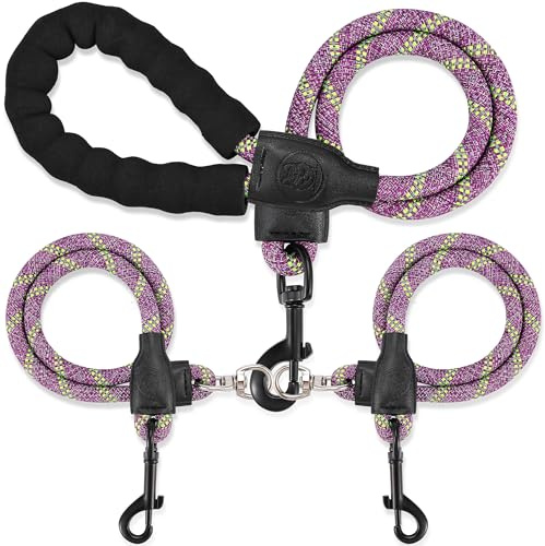 Double Dog Leash for Two Dogs - Detachable 360° Swivel, No Tangle Leash with Reflective Strips for Walking and Training Small Medium and Large Dogs, S/8-45ibs, Purple
