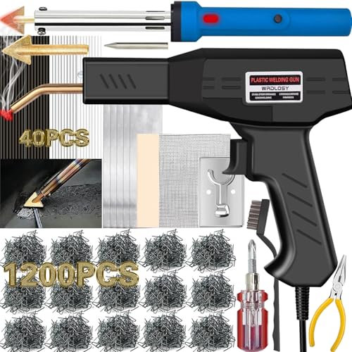 Wrdlosy 220W Plastic Welder, 1200PCS Staples 40PCS Rods Plastic Welding Kit, 5 in 1 Welding Tips Tape Sandpaper Wire Mesh Stand Metal Brush Screwdriver Plastic Welder Kit Bumper Repair Kit (Black)