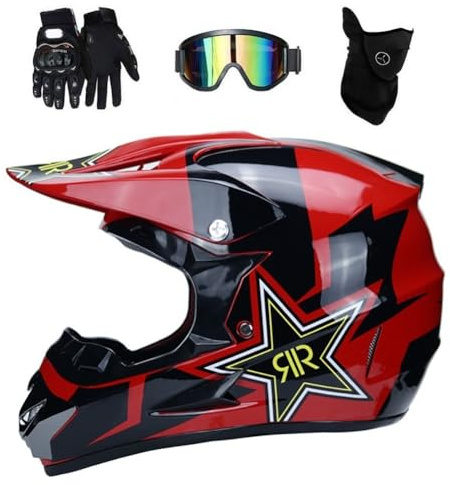 Jeunesse Enfants MTB Casque Motocross, avec Lunettes Masque Gants, Toile d'araignée Visage Intégral Hors Route ATV Moto Casque, Enduro Descente MX Vélo de Saleté Accident Casque pour Garçons Filles (