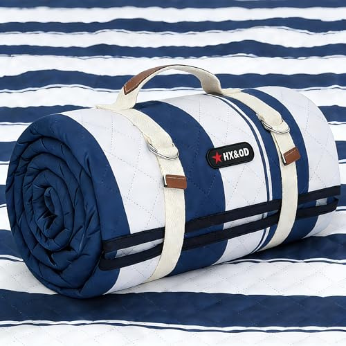 HX&OD Couverture de pique-nique extra large, 203,2 x 152,4 cm, imperméable, pliable, couverture portable avec sangle de transport pour plage, camping, fête (bleu)