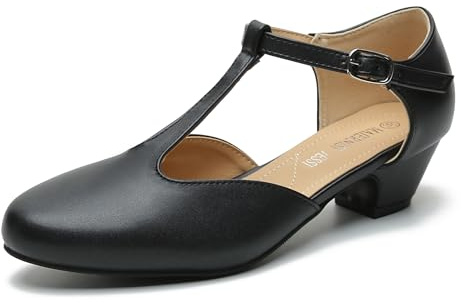MAIERNISI JESSI Women's T-Strap Mary Jane Pumps, Low Block Heel, Closed Toe, Buckle Ankle Strap Black Matte 40 - US 8