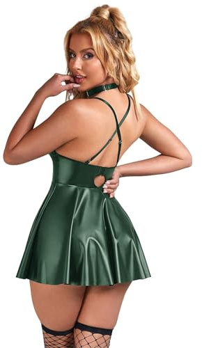 ohyeahlady Stor storlek, sexig klänning, erotisk, konstläder, miniklänning, kort bodycon, klubbklänning, chic, aftonklänning, V-ringad, underkläder, med rund hals, sexig outfit, pute, wetlook,