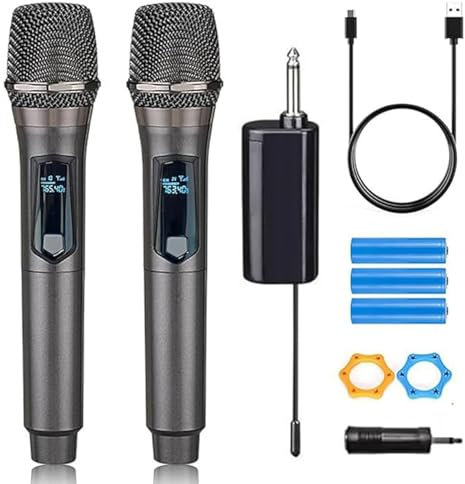 Microphone Wireless, Dual Handheld Cordless Microphone with Receiver and 3. 5mm Converter, 3 Rechargeable Batteries Handheld Microphones for Karaoke Singing, Speech, Wedding, DJ, Party 40H Duration