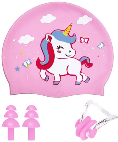 GWAWG Bonnet de Bain Enfant, Bonnet de Piscine Enfant en Silicone Hypoallergénique, Bonnet de Bain Fille, Design Licorne, Set avec Bouchons d'oreilles et Clip Nez