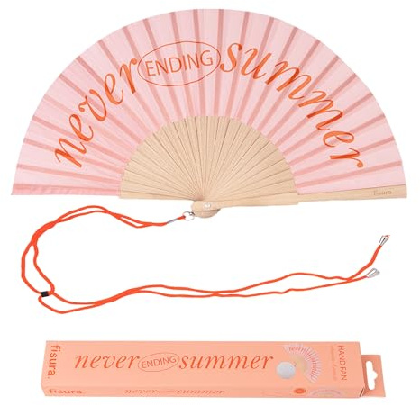 Fisura – Ventaglio in legno moderno con messaggio “never ending summer”. Accessorio trendy e colorato, ventaglio a mano rosa e arancione con gancio incluso. Dimensioni: 42,5 x 23 cm