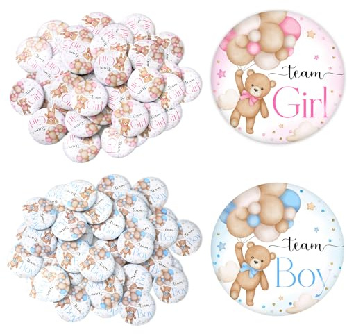 FYSUIMU 50Pcs Bear Balloon Gender Reveal Button Pin Team Girl Boy Button Pink Blue Cute Metal Pin Badge for Baby Shower Party Favor Game Supplies, 1.5 Inch