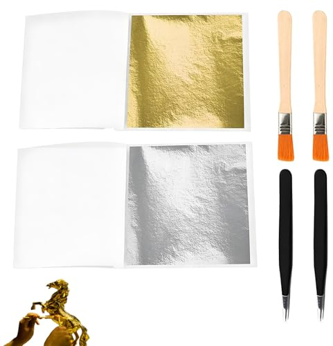 204 Sheet Gold Leaf Sheets, 8.0 * 8.5cm Silver Leaf Sheets with 2 Pcs Tweezer and 2 Pcs Brush for Art and Craft, and Nail Art(100 Sheet Gold and 100 Sheet Silver)