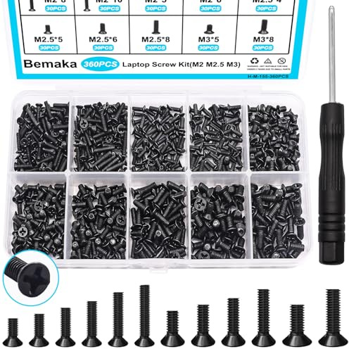 Bemaka 360Pcs Laptop Screws Notebook Computer Tiny Screw Kit 12 Sizes M2 M2.5 M3 Laptop Replacement Computer Screws for Motherboard SSD PC Fan Hard Drive