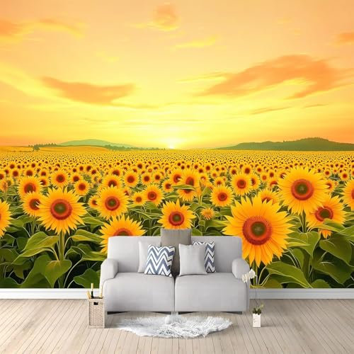 Carta da parati fotografica con paesaggio naturale al tramonto con piante di girasole, 200 x 140 cm, grande sfondo per TV, carta da parati gialla in tessuto non tessuto 3D, per soggiorno, camera da