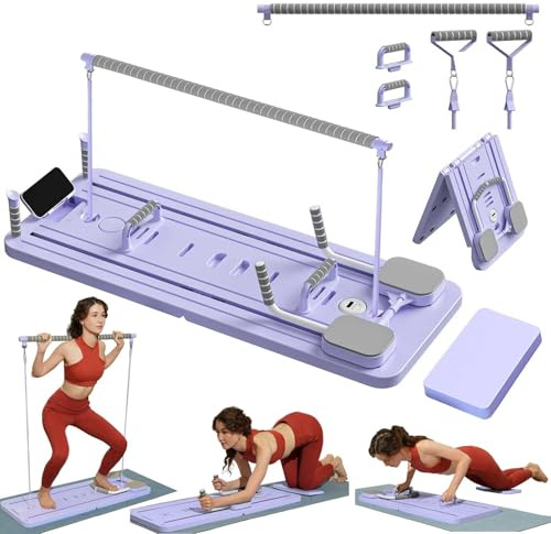 ExeractFit ExeractFit Reformer Pilates per Casa Pilates Board Kit con Barra per Pilate e Fasce di Resistenza Tavola Pilate Multifunzionale Rullo per Addominali Machine(Viola)