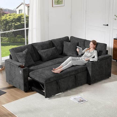 Sofá de esquina en forma de L, extensible, canapé convertible con espacio de almacenamiento, portavasos, puerto de carga USB, reposabrazos y cuatro cojines. Apto para sala de estar, habitación de