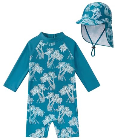 weVSwe Baby Swimsuit UPF 50+ Long Sleeve with Adjustable Sun Hat 0-3 Years | one piece baby swimwear,OEKO-TEX certified,Quick-dry,Breathable,Flexible,Neckflap,rash guard for beach and pool,0-3 Years.