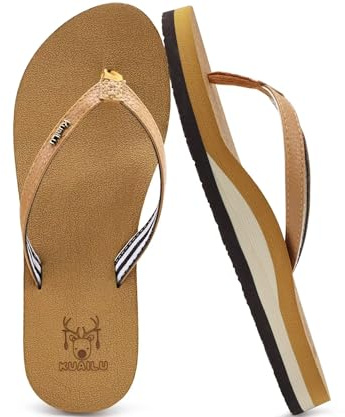 KuaiLu Womens Arch Support Flip Flops Comfortable Yoga Mat Slip on Leather Walking Thong Cushion Sandals Summer Beach Orthotic Slides Travel Essentials Indoor Outdoor Slippers Shoes Khaki Size 8.5