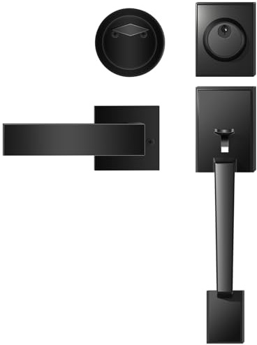 Azdele Front Door Handle and Deadbolt Set, Front Door Lock Set, Exterior Door Lock Set, Front Door Handle with Single Cylinder Deadbolt for Exterior Door, Reversible for Right&Left(Matte Black Modern)