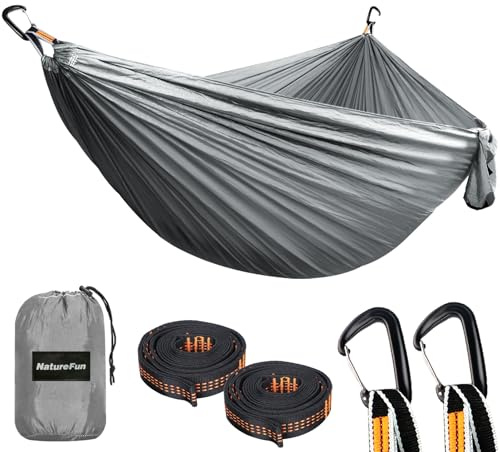 NATUREFUN Hamaca Ultraligera para Camping (300x200 cm) | 300 kg de Capacidad de Carga,Estilo Paracaídas de Nylon, Transpirable y de Secado Rápido | 2 Mosquetones Premium, 2 Eslingas de Nylon Incluidas