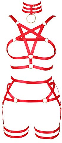 BBOHSS - Body Harness con cintura, reggicalze e pentagramma sul petto, punk, gotico, adatto per Halloween e carnevale, elastico, Colore: rosso, Taglia unica