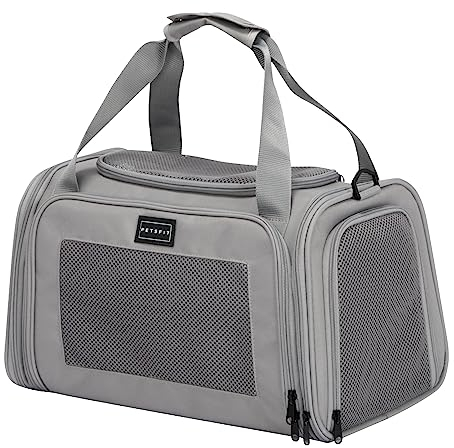 Petsfit Transportbox Katze leicht Hundetasche Flugzeug für Katzen Transporttasche Hundetragetasche,Tragetasche Hund Flugtasche mit Schutzgurt & erweiterbare Matte, S/Grau