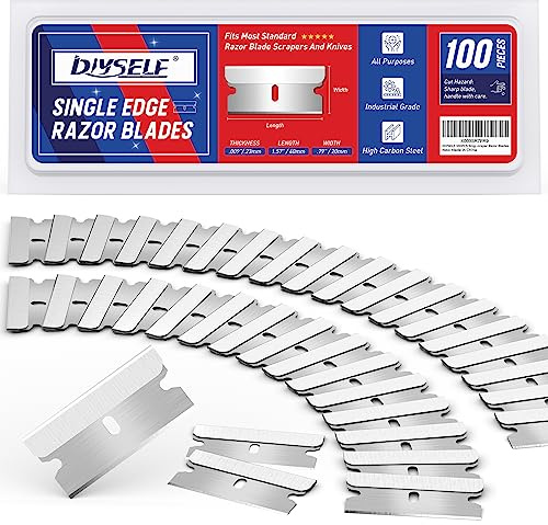 DIYSELF Single Edge Razor Blades, 100 Blades, Razor Blades Refiils for Razor Scraper, Utility Knife, Heavy Duty One Edge Blades, High Carbon Steel Blade for Removing Decals, Stickers