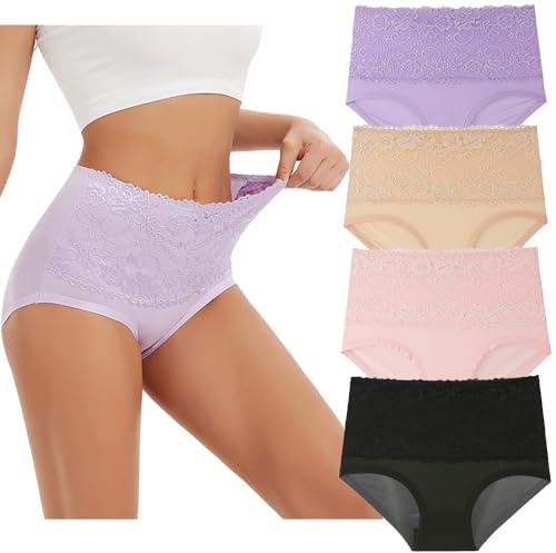 Hornice Women's High Waisted Knickers Lace Floral Strench Panties Full Coverage Tummy Control Briefs Ladies Cotton Underwear (3XL) - Pack of 4