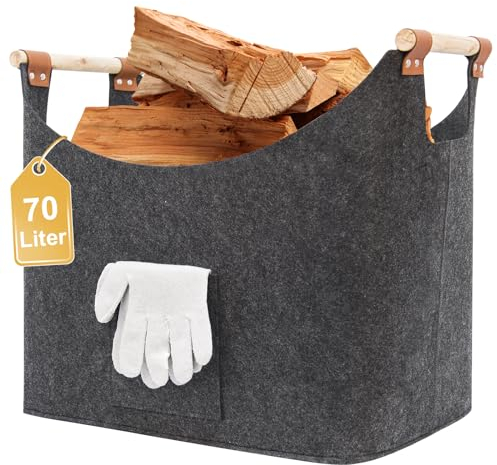 FINEW Cesto para leña, XXL Cesto para leña con guantes, Sacos de fieltro plegables, Sacos grandes de fieltro Cesto para almacenar leña