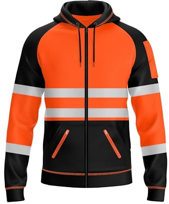 trending babz Mens Hi Viz Vis Reflective Zipper Patched Fleece 3 Zip Up Pockets Sweatshirt Work Wear Hoodie Top Jacket Orange Black