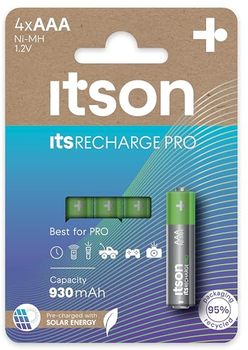 ITSON, batterie ricaricabili AAA, pacco da 4, PRO, ad alta capacità 930 mAh, imballagio ecologico con il 95% di materiali riciclati, Made in Japan, pile pre-caricate