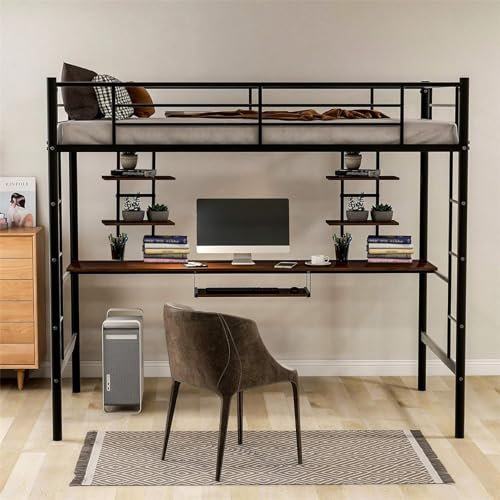 Cenbunsh Hochbett mit Zwei Etagen und integriertem Schreibtisch, Eisenbett mit Fallschutz und Tastaturhalterung, schwarz, 90 x 190 cm, geeignet für Erwachsene, Jugendliche und Kinder