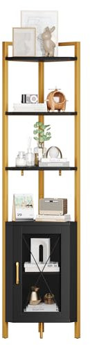 HOCSOK Libreria Angolare a 6 Ripiani, Scaffale Angolare con Porta, Mensola Angolare, Mobili Salvaspazio, Porta Piante Ferro per Soggiorno, Bagno, Cucina, con Telaio in Acciaio, Nero e Oro