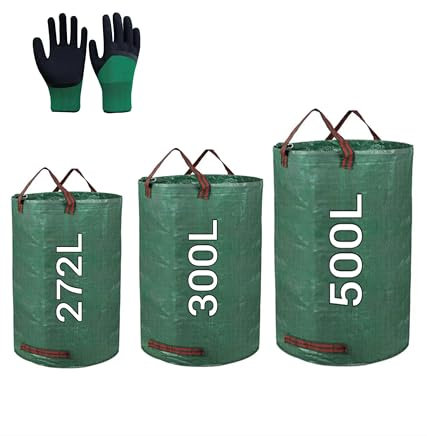 IN-OV - Lot 3 Sacs de Jardin Professionnels, Sacs à Déchets réutilisables (272L+300L+500L), Sac Vert à Feuilles, à débris de Jardin, Robustes pour Feuilles + Gants de Jardinage.