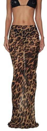 Women's Leopard Print Satin Maxi Skirt Casual See Through Sexy Mid Waist Slim Fit Skirt Y2K Summer Long Skirts (Dark Brown, S)