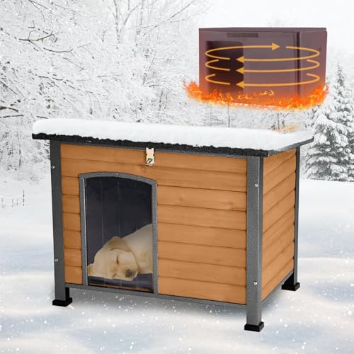 Akinerri Feral Dog House Outdoor, Anti Biss Eisenrahmen Hundehütte, Holz Warme Haustiere Zuhause, Isolierte wetterfeste Außenunterkunft für Wildtier (33.5(L)×22(W)×25.2(H)-Brown-in)