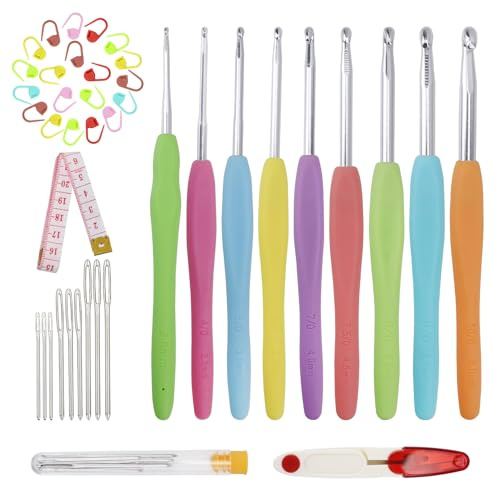 Set di uncinetti, 9 pezzi in alluminio, kit di ferri da maglia con impugnatura ergonomica Softgrip per mani artritiche con metro a nastro, marcapunti e aghi da cucito