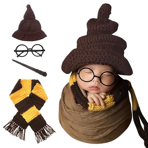 Xanewza Lot de 4PCS Nouveau-Né Photographie Prop - Chapeau, Écharpe, Baguette Magique, Cadre pour Crochet Costume d'Halloween et Accessoires Fête Magique
