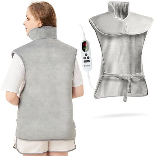 Heizkissen für Rücken Schulter Nacken 60x100cm Wärmekissen mit Abschaltautomatik, Schnelle Erwärmung, mit Taillenriemen, Rückenwärmer Heizdecke 6 Heizstufen, Auto-OFF-Timer, Flanell, Waschbar, Grau